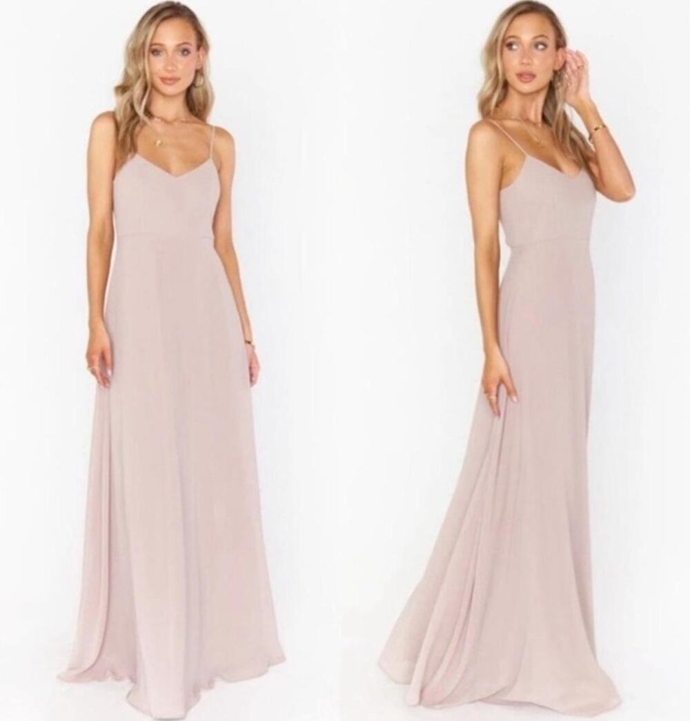 Show Me Your Mumu Faith Maxi Dress: Beige Chiffon V-Neck Bridesmaid Gown (XS)